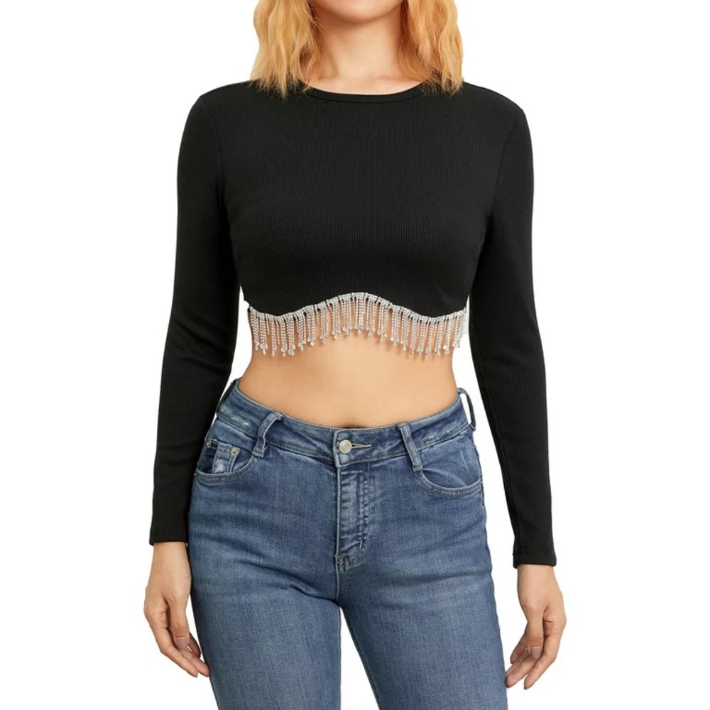 NWT Windsor Rhinestone Fringe Cropped Top, Black & Silver, Medium